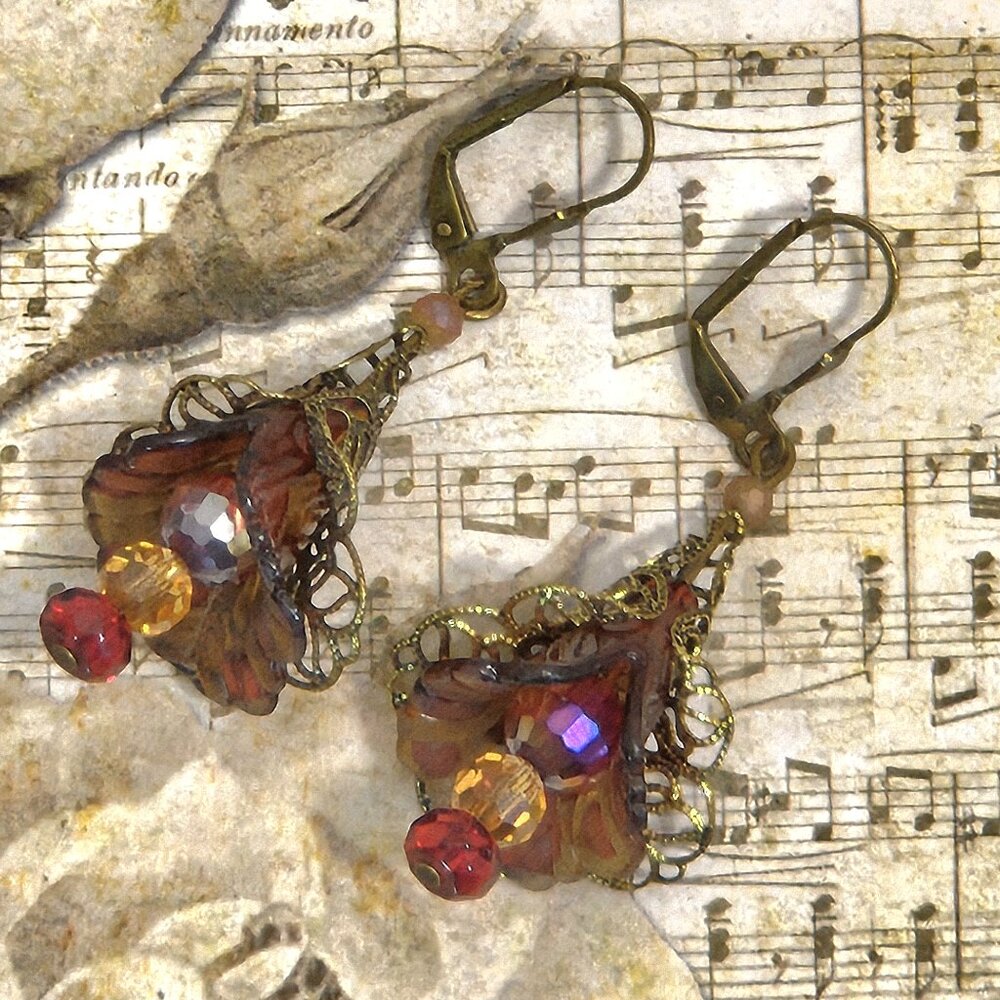 Red Light Brown Bronze Hand Painted Lucite Flower Earrings, Crystal, Filigree
